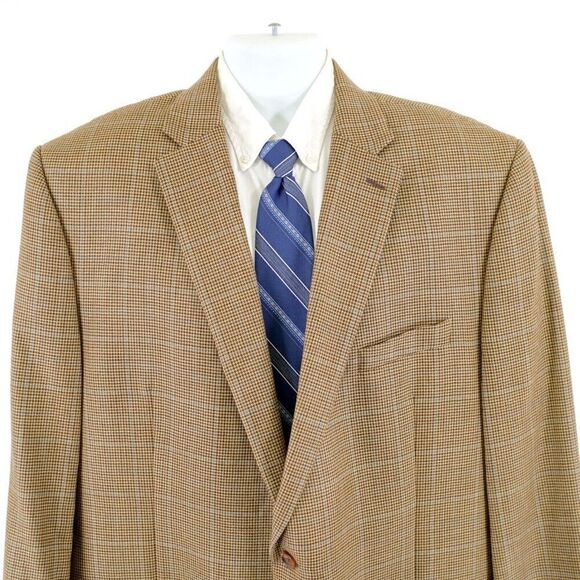 Lauren Ralph Lauren Wool Silk Brown Tan‎ Hounstooth W/ Blue Windowpane 48L SPort - Picture 1 of 12